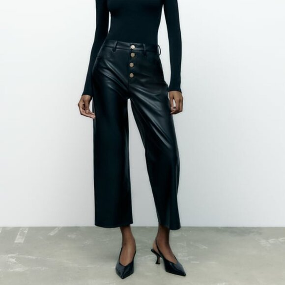 Faux Leather Wide Leg Pants | Pleather Pants - Picture 1 of 7
